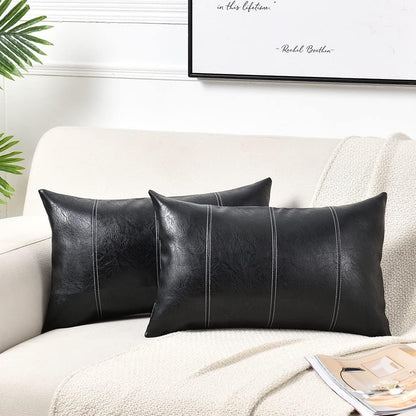 Black Lumbar Faux Leather Decorative Throw Pillow Covers 12X20 Inch for Living Room Couch Bed Sofa, Boho Farmhouse Home Decor, Hand Stitched Rectangle Cushion Case 30X50 Cm
