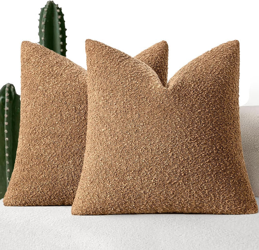 Set of 2 20x20 Inch Textured Boucle Decorative Pillow Covers in Brown for Couch and Bed - Vintage Solid Accent Cushions for Cozy Living Room Home Decor