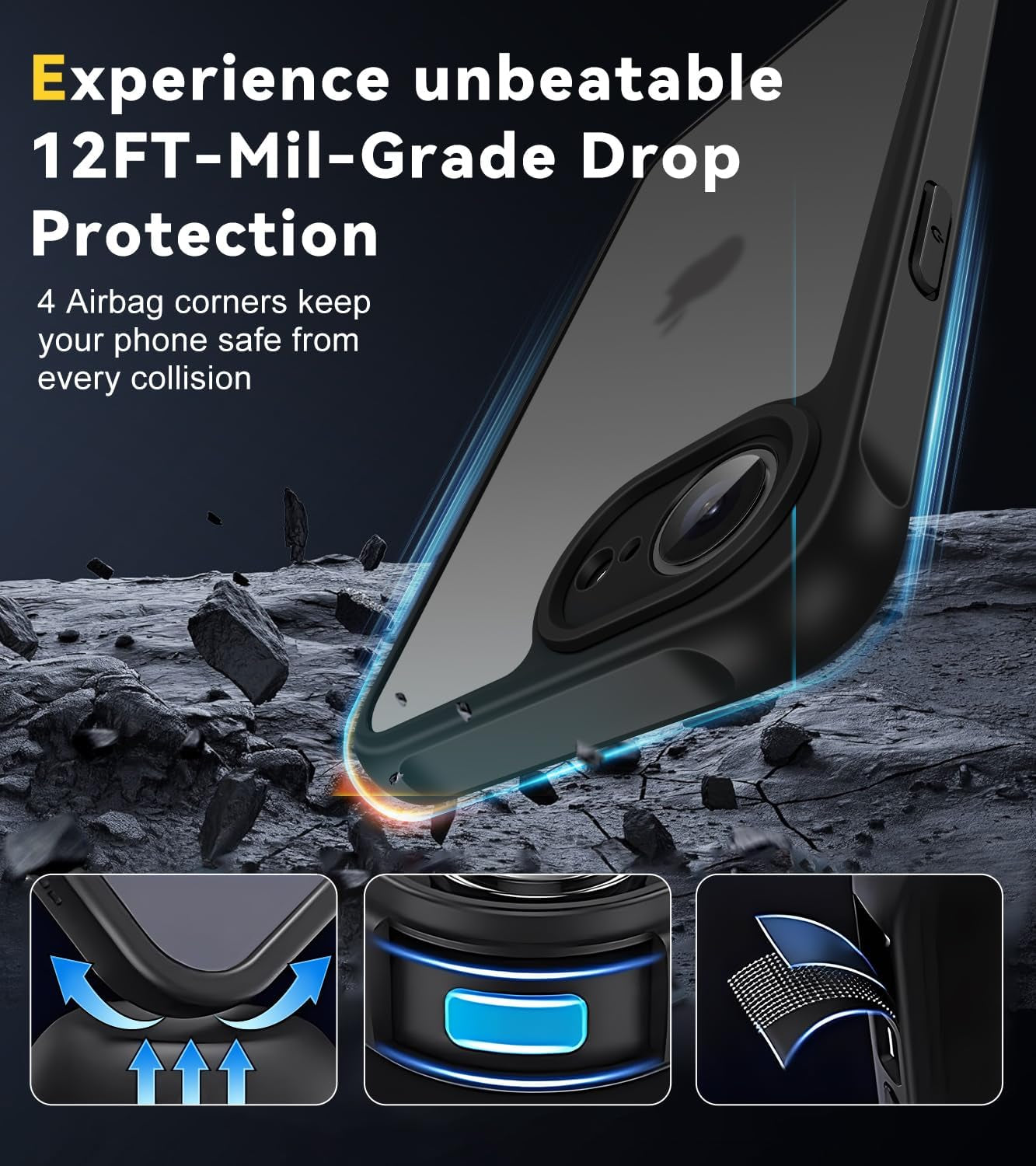 3-In-1 Case for Iphone 16E 6.1" 2025 with 2 Pack Tempered Glass Screen Protector [Military Grade Protection], Frosted Translucent Back Phone Cover- Matte Black