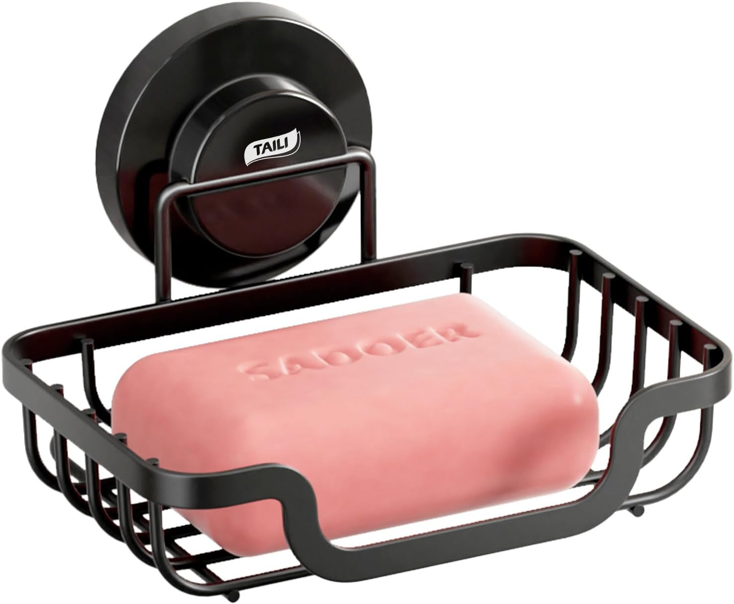 Soap Holder Bar Dish Suction Cup, Bar Shampoo Rack for Shower Wall, Draining Soap Saver Tray for Bathroom, Rustproof Stainless Steel Sponge Holder for Tub, Kitchen, Drill-Free, Black