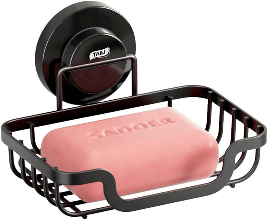 Soap Holder Bar Dish Suction Cup, Bar Shampoo Rack for Shower Wall, Draining Soap Saver Tray for Bathroom, Rustproof Stainless Steel Sponge Holder for Tub, Kitchen, Drill-Free, Black
