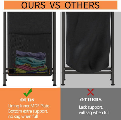 2-Tier Laundry Hamper with Wooden Shelf and Hooks, Vertical Design with Pull-Out Removable Bag, Divided Clothes Storage for Bathroom, Bedroom, and Dormitory