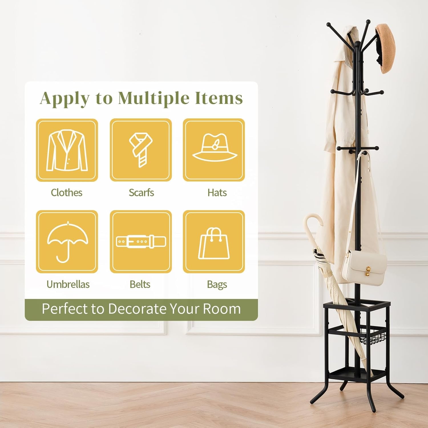 Coat Rack Freestanding, Coat Tree with Umbrella Holder, Metal Coat Rack Stand with 12 Hooks, Modern Coat Hanger Stand for Entryway, Purse Rack Hat Rack Stand for Living Room Bedroom Office
