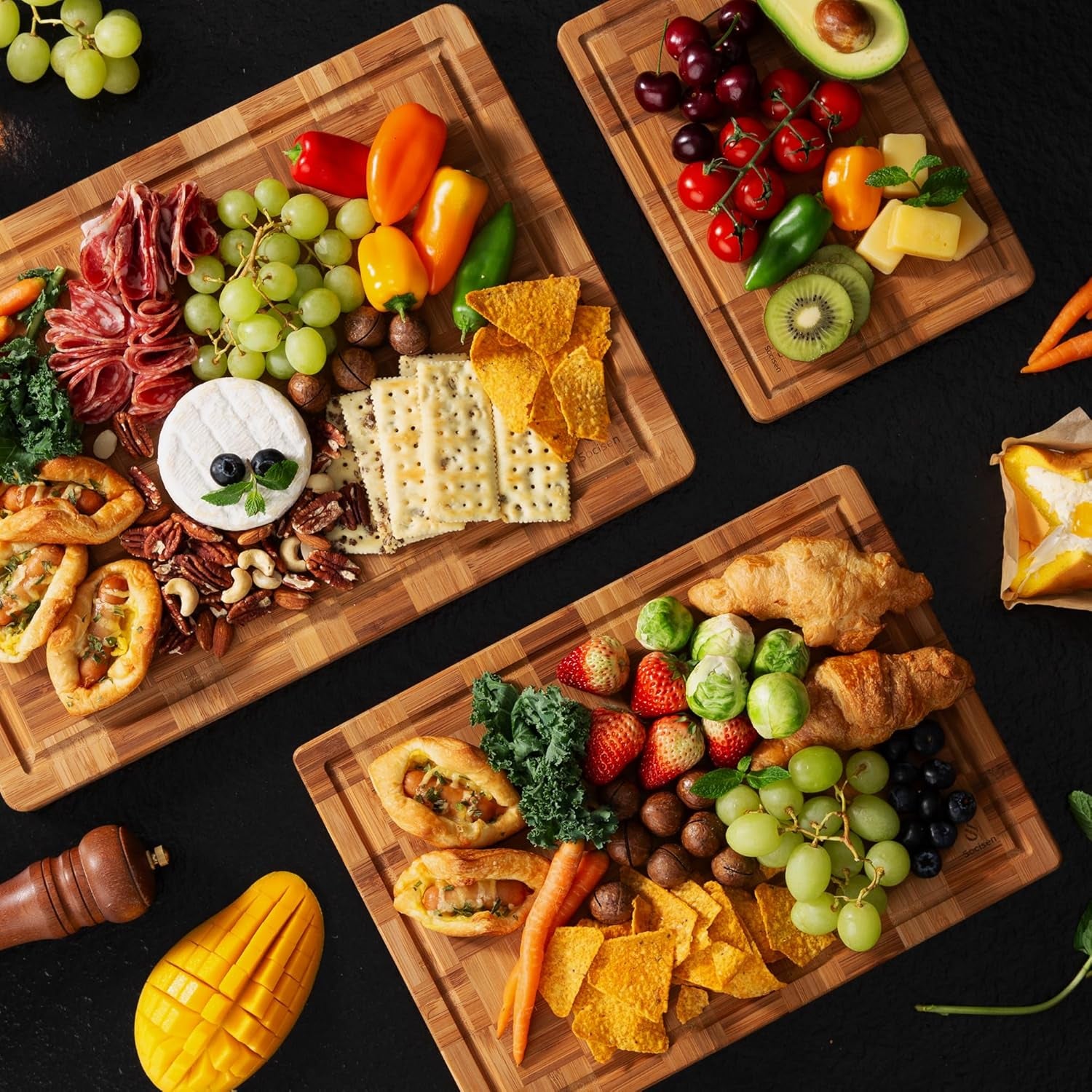 3 Pack Heavy Duty Bamboo Cutting Board Set Non Toxic Wooden Cutting Board for Kitchen Non Slip Solid End Grain Thick Wood Juice Groove Chopping Board Extra Large Big Small Best House Warming Gift