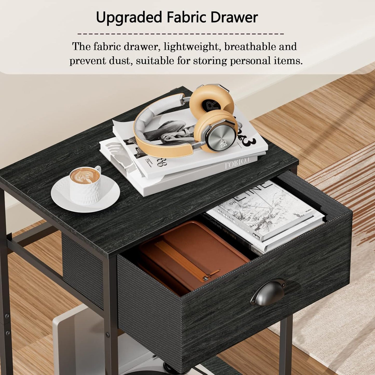 Nightstand with Fabric Drawer & Storage Shelf, Small Bedside Table Organizer for Small Space, 2 Tiers Industrial End Table, Side Table for Living Room, Bedroom, Black Oak