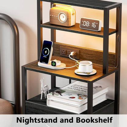 Tall Nightstand with 4-Tier Shelves, 3 Fabric Drawers, LED Charging Station, Black Oak Bedside Table for Bedroom, Hallway, and Home Office