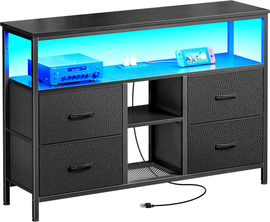 TV Stand Dresser with Integrated Power Outlets and LED Lighting, 4-Drawer Entertainment Center with Open Shelf, Media Console for 43-50 Inch TVs, Black PU Finish