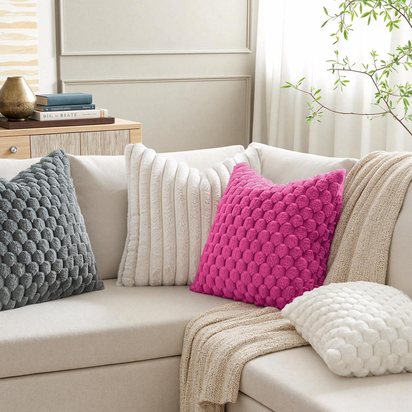 Hot Pink Faux Fur Decorative Throw Pillow Covers 18X18 Inch Set of 2 Super Soft Cozy Plush Cushion Cases Luxury Fluffy Pillowcases for Sofa Couch Bed Living Room