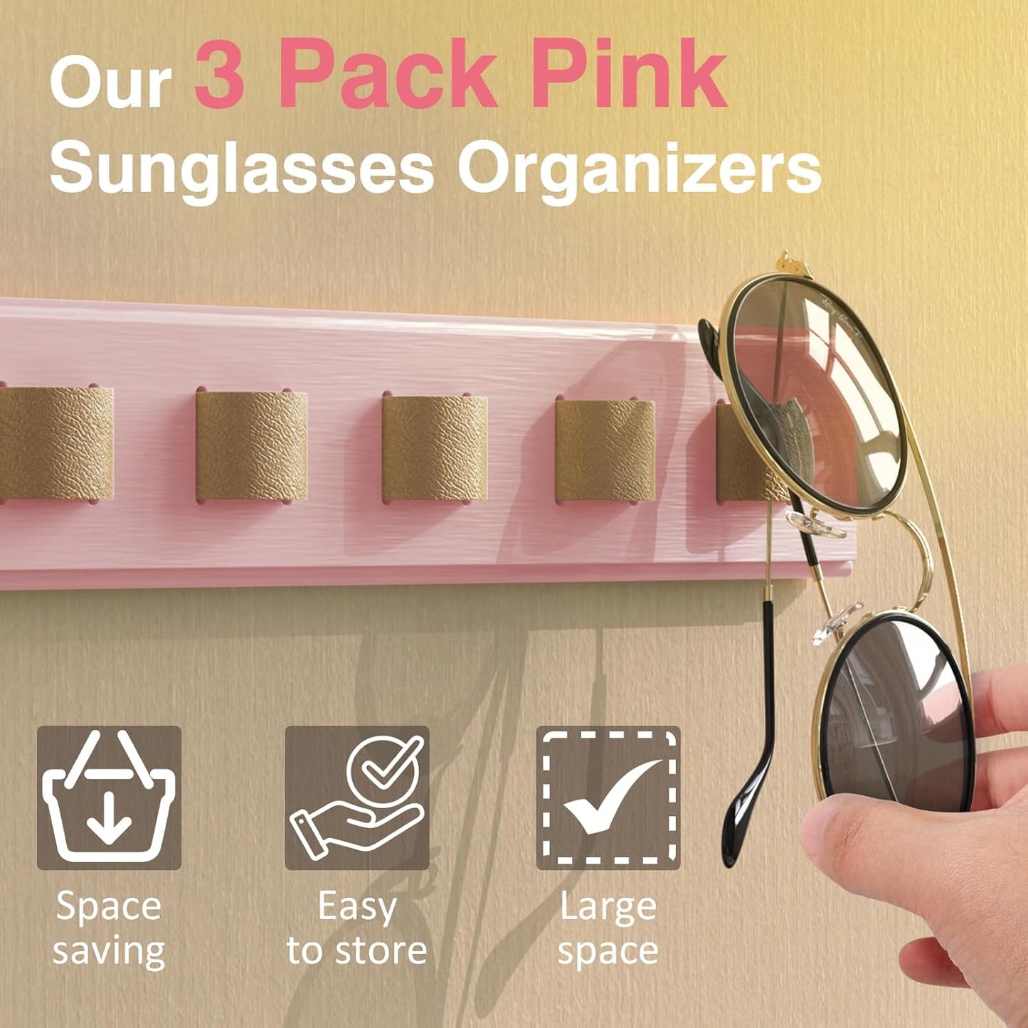3 Pack Sunglass Organizer, Wall Mounted Sunglasses Organizer, Wooden Glasses Holder Sunglass Holder, Sunglasses Rack for Hanging Your Multiple Eyeglasses, for Wall, Home Decor(Pink)