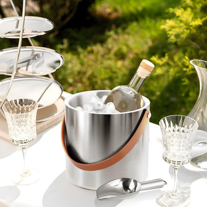 Double-Wall Vacuum Insulated Ice Bucket with Lid, Scoop, Ice Tong, Strainer & Leather Handle Keep Ice Frozen Longer Large Wine Ice Buckets for Cocktail Bar,Parties Chilling Beer Champagne 3L