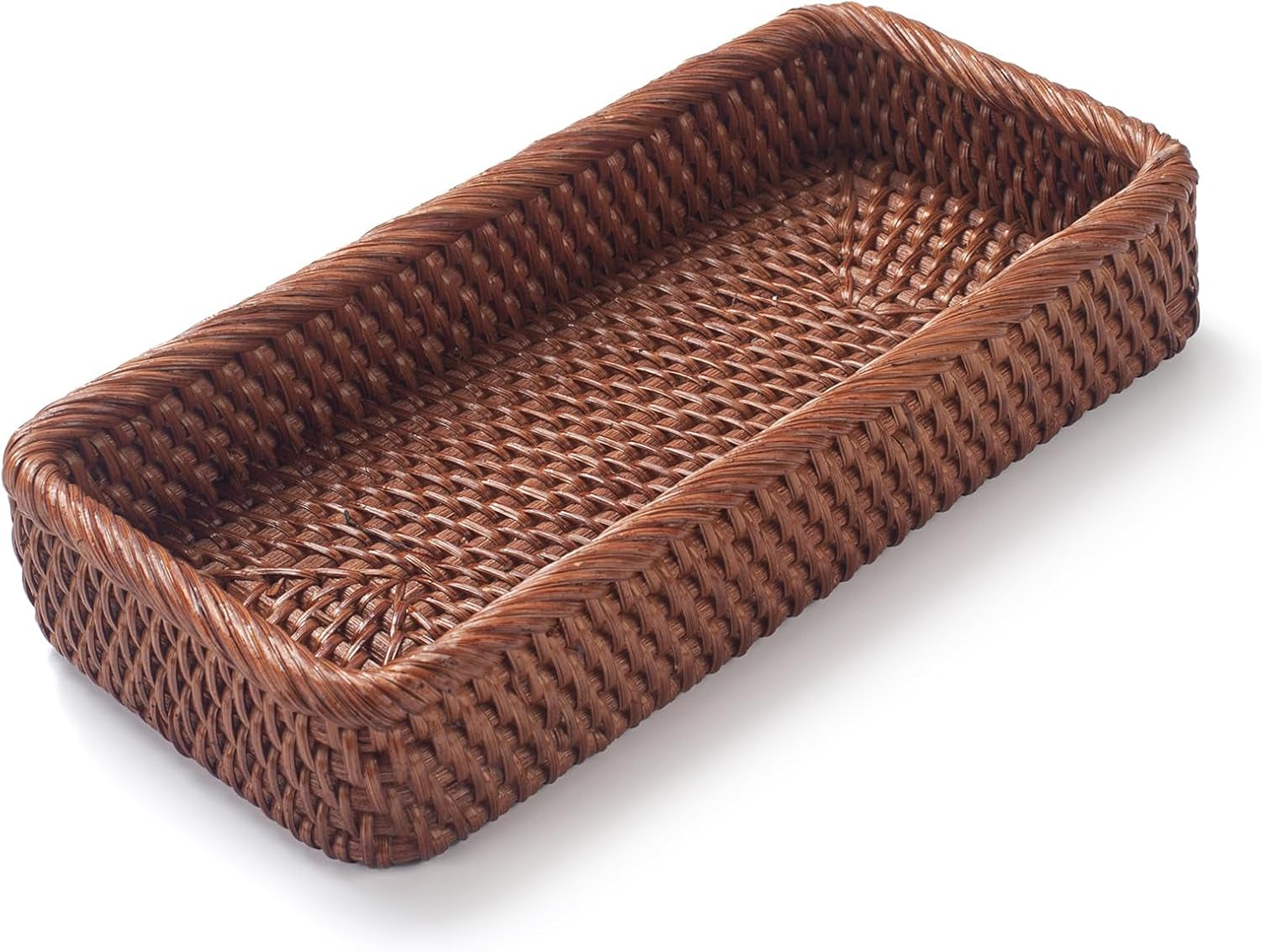 Rattan Bathroom Vanity Trays Toilet Tank Baskets Long Narrow Hand Towel Storage Basket for Storage, Decorative (Honey Brown 10.2 X 4.9 X 1.6 Inch)