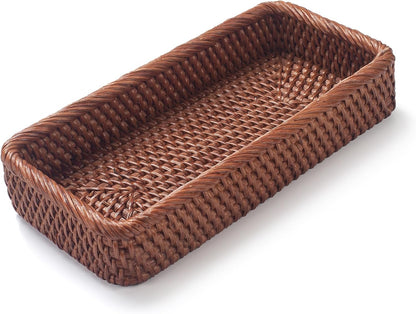 Rattan Bathroom Vanity Trays Toilet Tank Baskets Long Narrow Hand Towel Storage Basket for Storage, Decorative (Honey Brown 10.2 X 4.9 X 1.6 Inch)