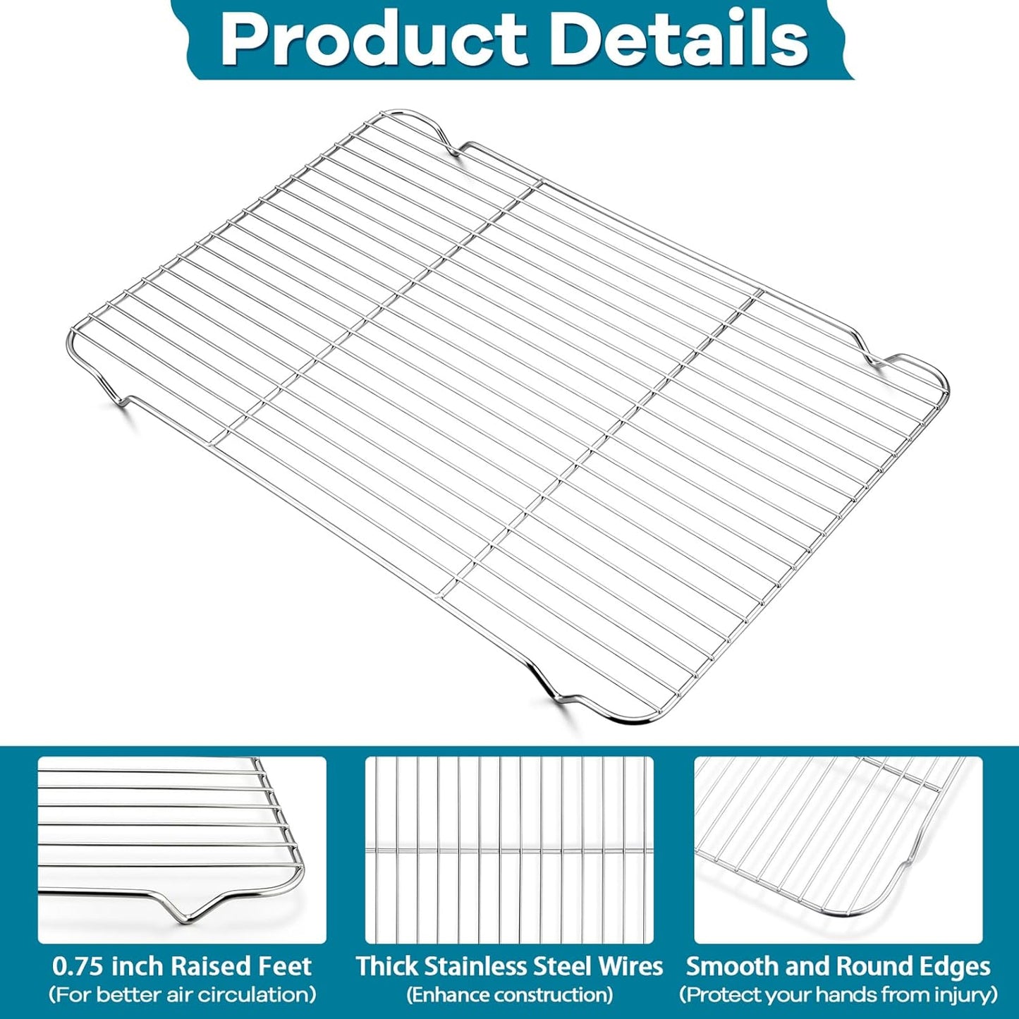 Baking Cooling Rack Set of 3,  Stainless Steel Cooking Roasting Drying Wire Racks, 16.6” X 11.6” Inches to Fit Half Sheet Pan, Non-Toxic & Durable, Oven & Dishwasher Safe