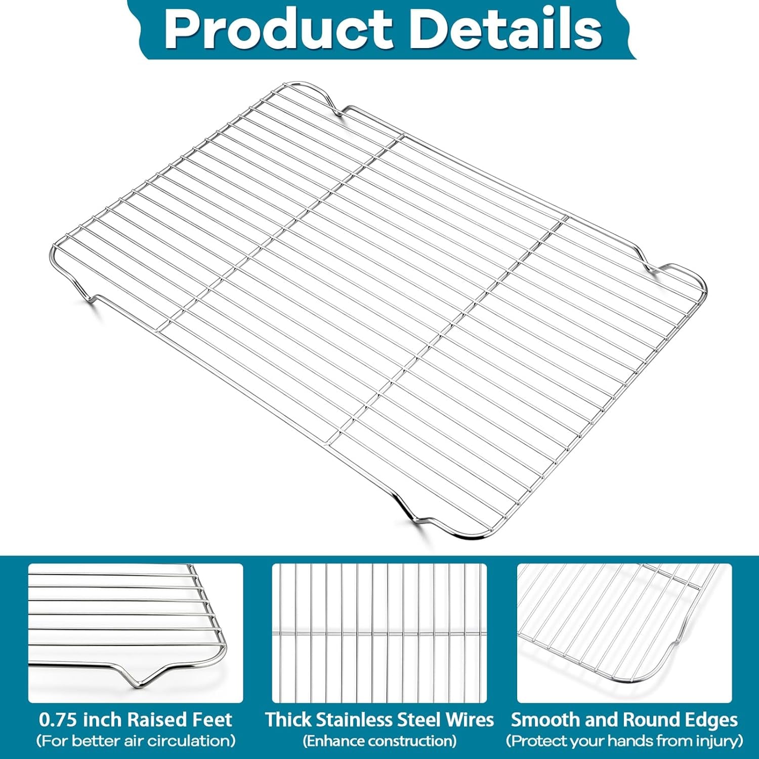 Baking Cooling Rack Set of 3,  Stainless Steel Cooking Roasting Drying Wire Racks, 16.6” X 11.6” Inches to Fit Half Sheet Pan, Non-Toxic & Durable, Oven & Dishwasher Safe