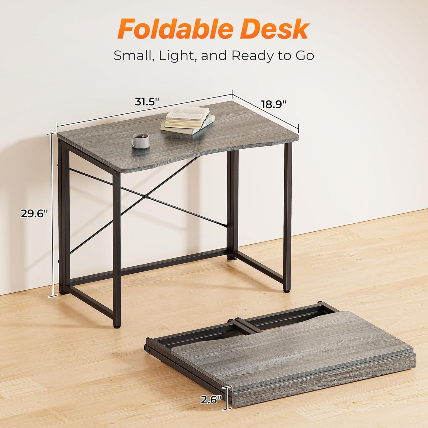 Compact Folding Desk for Small Spaces, 31.5 Inch Portable Computer Table for Home Office, Study, Bedroom, and Dorm, Space-Saving Design, Easy to Fold, Grey