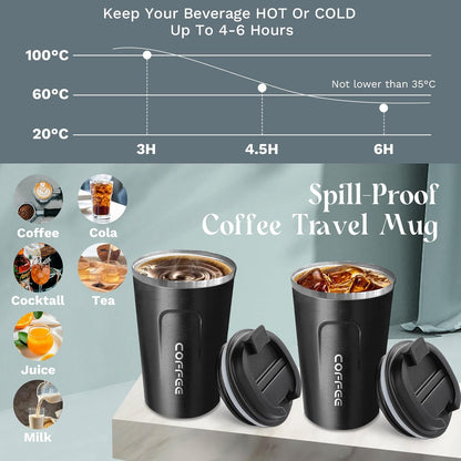 Insulated Travel Coffee Mug, Spill & Leak Proof, Portable to Go Camping Stainless Steel Coffee Tumbler, Reusable Thermal Coffee Cup with Lid for Hot & Cold Drinks (2Nd-Black, 12 OZ)