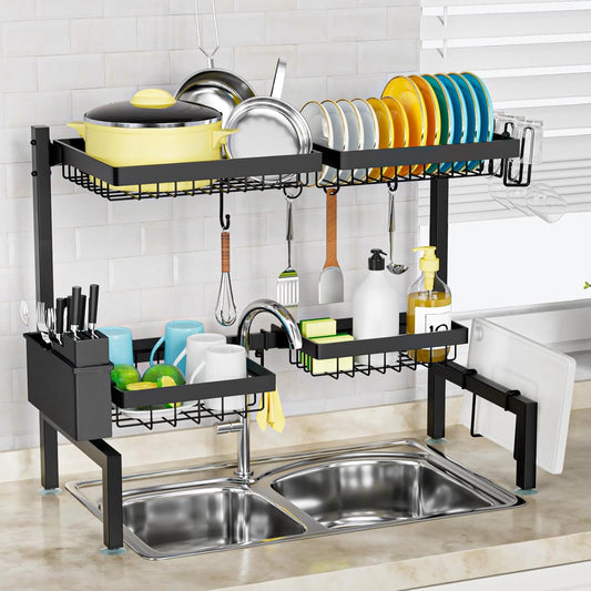 ［2-Tier 4 Baskets］Over the Sink Dish Drying Rack, 24.8"-35.4", Large Sink Rack for Kitchen, Extensible and Adjustable, Saving Kitchen Space