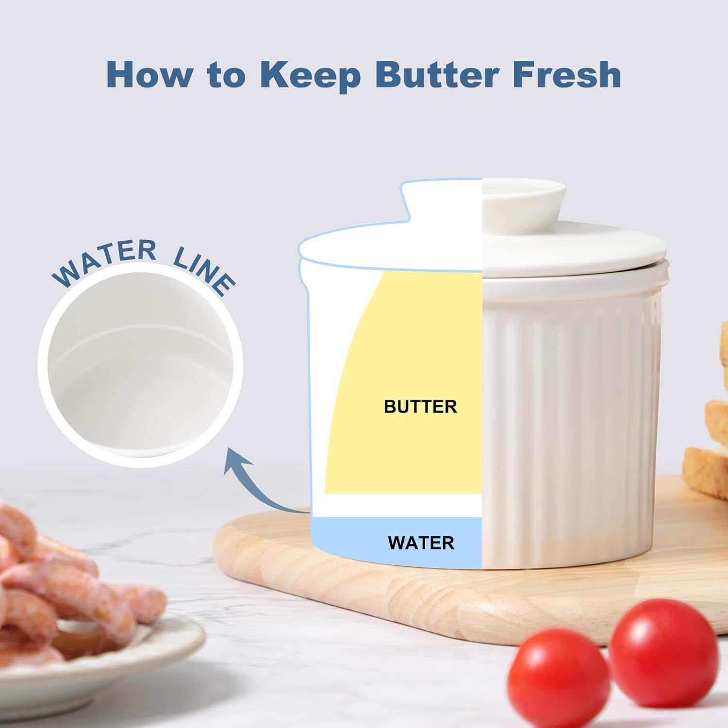 Large Butter Crock for Counter with Water Line, Butter Keeper, Ceramic French Butter Dish Holder for Fresh Spreadable Soft Butter (White, 8 Ounce)
