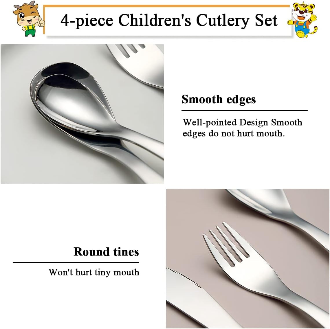 Stainless Steel Toddler Utensils Set - 4-Piece Kids Silverware with Safe Forks and Spoons, Mirror Polished Cutlery, Dishwasher Safe