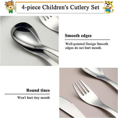 Stainless Steel Toddler Utensils Set - 4-Piece Kids Silverware with Safe Forks and Spoons, Mirror Polished Cutlery, Dishwasher Safe