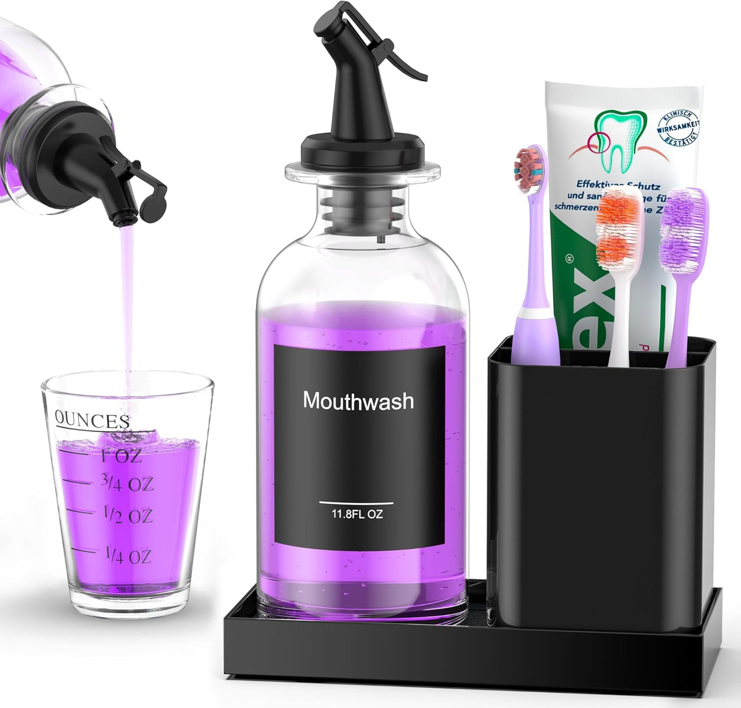 Bathroom Glass Mouthwash Dispenser with Cup,Black Toothbrush Holder Set Stainless Steel with 11.8OZ Clear Nozzle Mouth Wash Dispenser Diatomite Tray，Decor Accessories