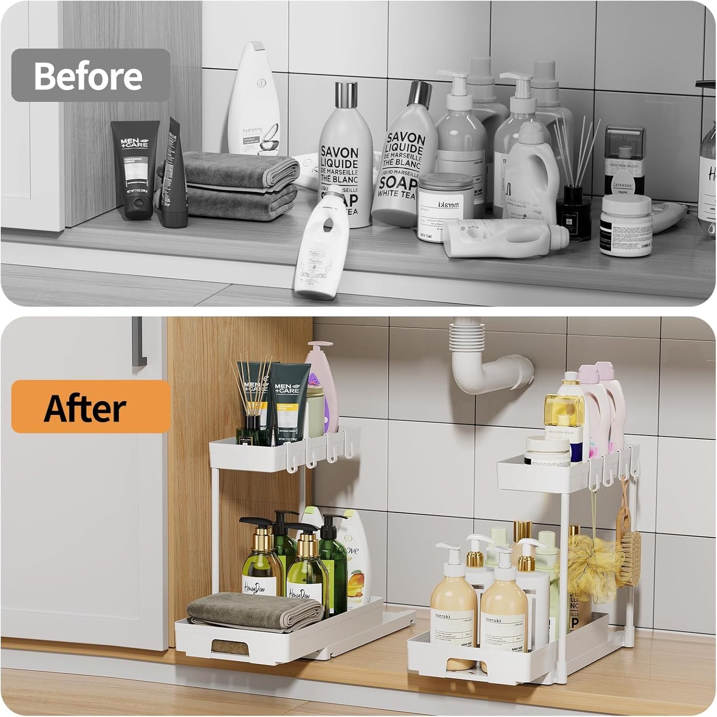 2 Pack under Sink Organizers and Storage, 2 Tier Pull Out Bathroom Cabinet Organizer, L-Shape White under Bathroom Kitchen Sink Organizer with Drawer for under Sink Storage Organizer