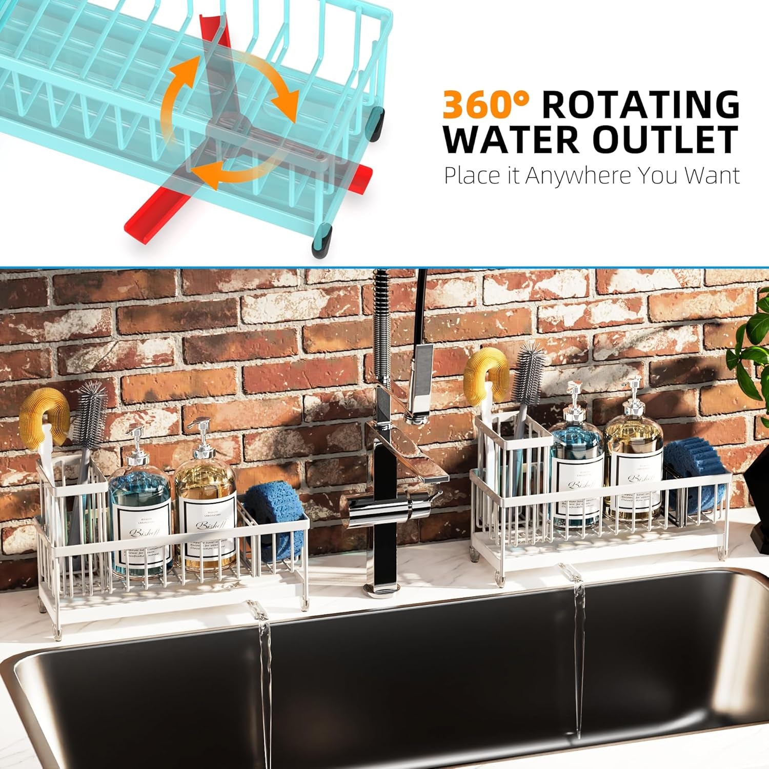 Extra Large Kitchen Sink Caddy, Rustproof Sponge Holder for Kitchen Sink with High Brush Holder, Stainless Steel White Kitchen Caddy Sink Countertop Organizer, Sponge Caddy for Kitchen Sink