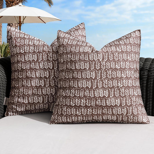 Outdoor Pillow Covers Waterproof Natural Floral Print Pillowcases Pack of 2 Decorative Boho Accent Cushions for Summer Patio Funiture Garden Tent Porch Bench,Brown 20X20 Inch