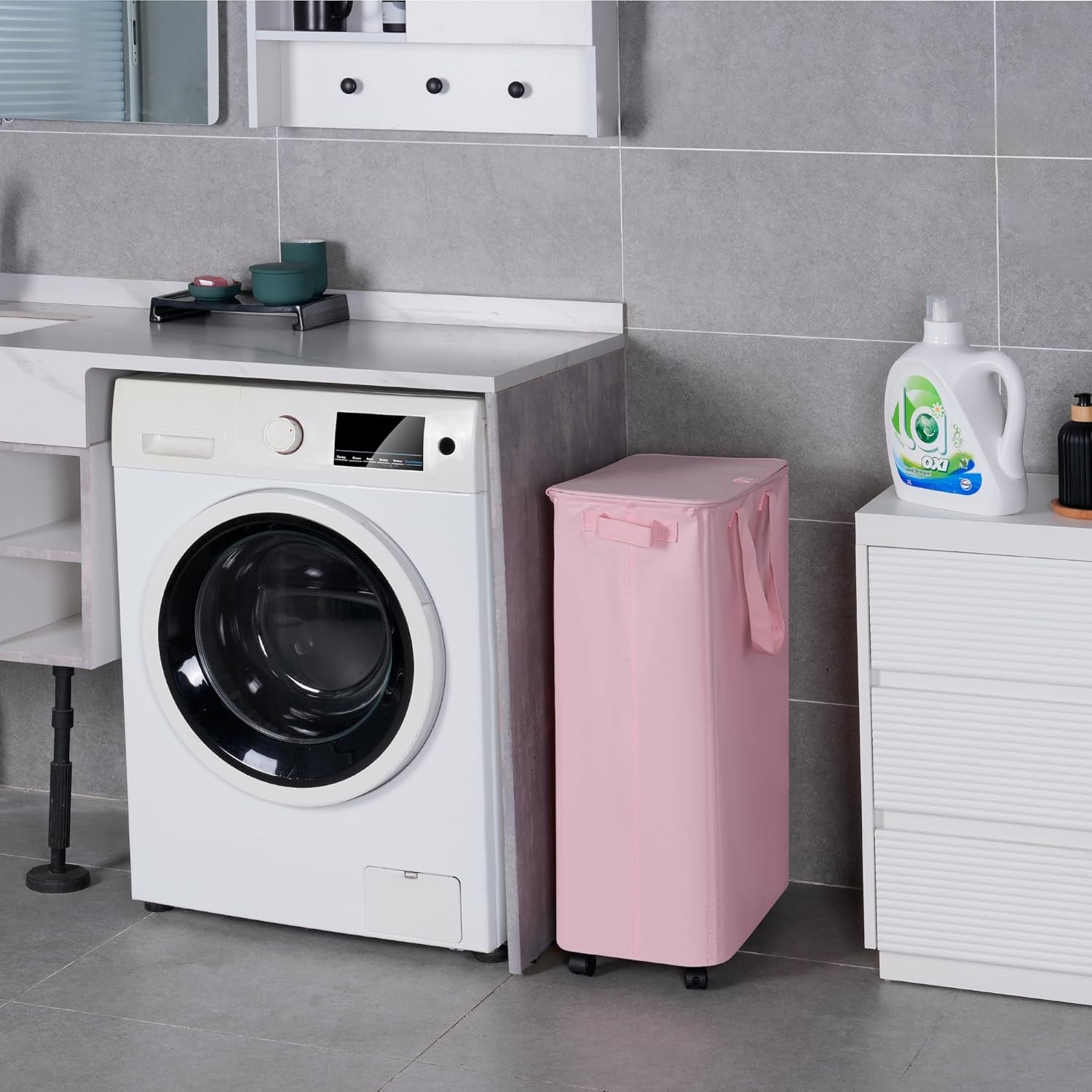 Slim Laundry Hamper with Lid and Wheels, Small Rolling Laundry Basket with Handle for Small Spaces, Tall Dirty Clothes Hampers for Dorm, Bathroom and Bedroom, 75L, Pink