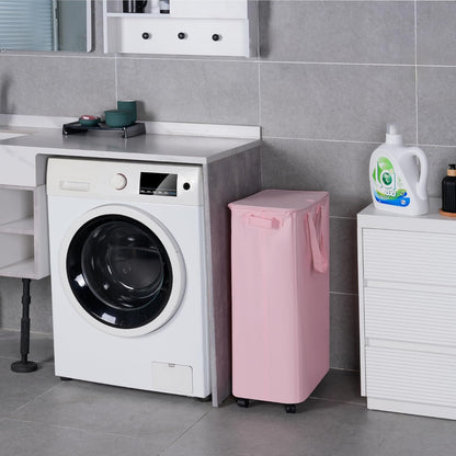 Slim Laundry Hamper with Lid and Wheels, Small Rolling Laundry Basket with Handle for Small Spaces, Tall Dirty Clothes Hampers for Dorm, Bathroom and Bedroom, 75L, Pink