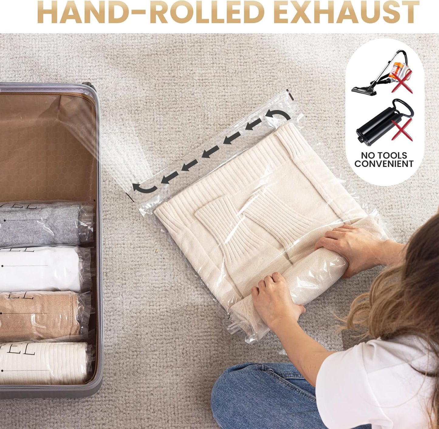 12 Pack Travel Compression Bags, Roll up Space Saver Bags (6 Large+6 Medium), No Vacuum Needed Reusable Packing for Luggage, Suitcase, Backpack, Travel Essentials, Clear