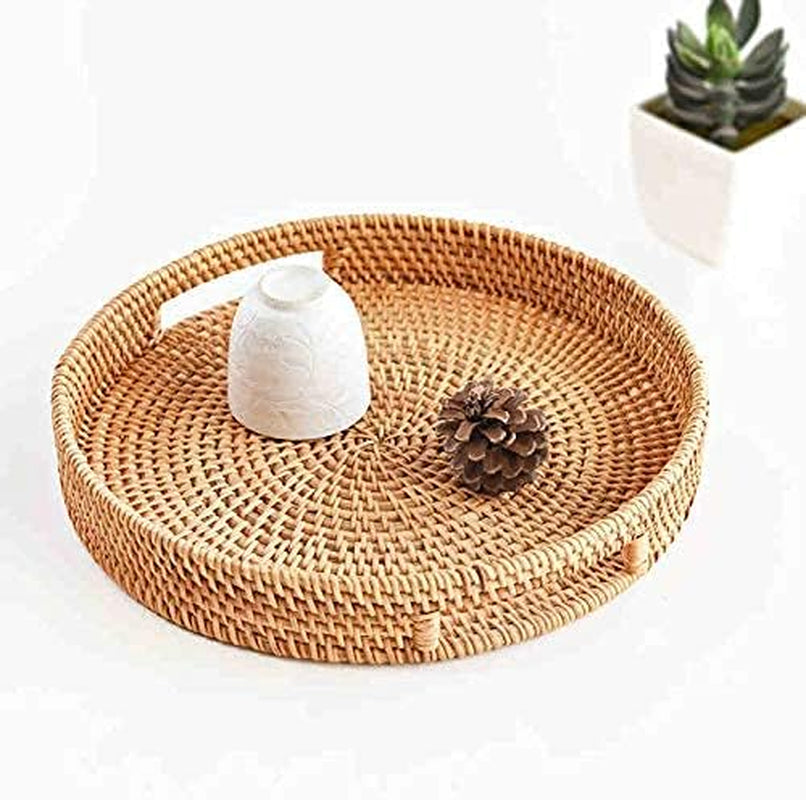 Coffee Table Tray round Rattan Ottoman Tray Woven Serving Trays with Handles for Home and Kitchen Decorative Natural (Large 14 Inch X 2.8 Inch)