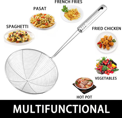 Stainless Steel Spider Skimmer, Set of 3 Professional Kitchen Pasta Strainer Spoon with Long Handle - Asian Strainer Ladle Wire Skimmer Spoons for Cooking and Frying (4.5"+5.3"+6.1")