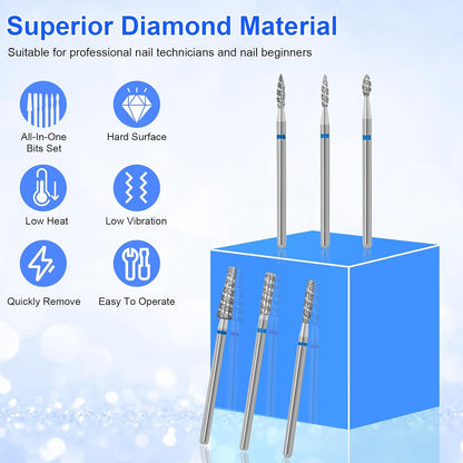 6 Pack Nail Drill Bits for Acrylic Nails, Diamond Carbide Nail Clipper Heads with Diamond Spiral Grooves, 3/32 Inch Cutter Attachment for Nail Preparation, Cuticle and Dead Skin Removal-Blue