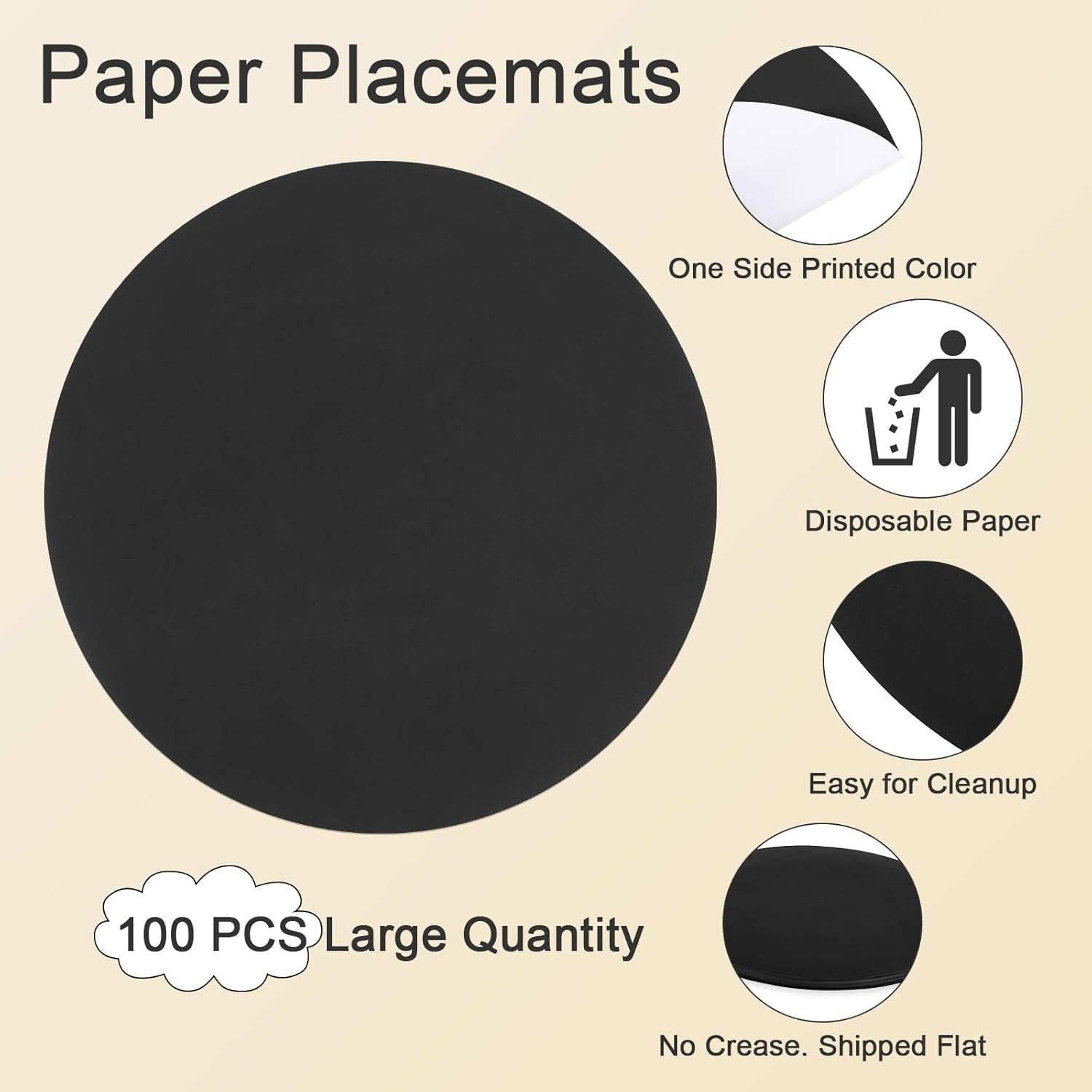 100 PCS round Paper Placemats 13 Inch Disposable Paper Place Mats for Dinner Wedding Birthday Party Festival Table Decoration Indoor Outdoor, Black