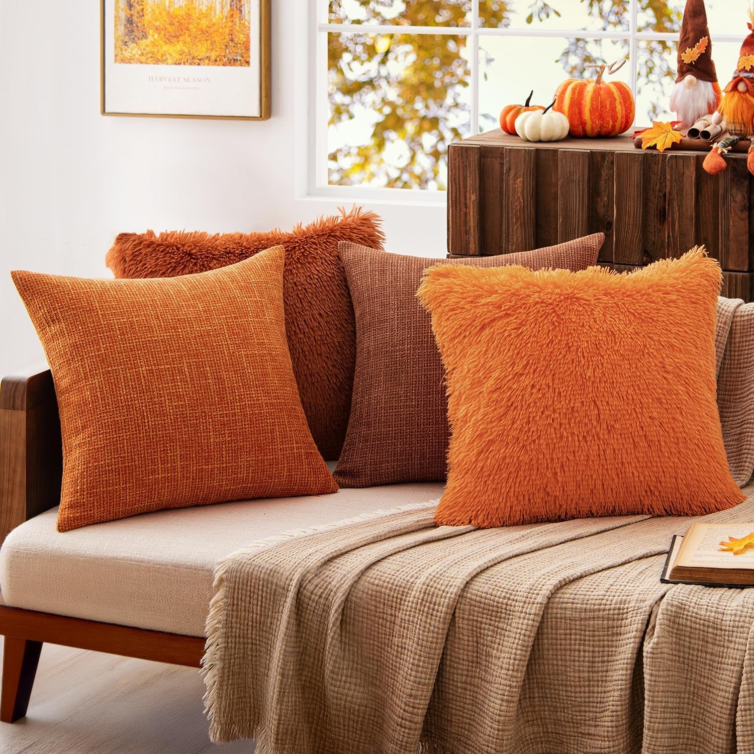 Set of 2 Fall Luxury Faux Fur Throw Pillow Cover Deluxe Decorative Plush Pillow Case Cushion Cover Shell for Sofa Bedroom Car 18X18 Inch Orange Halloween