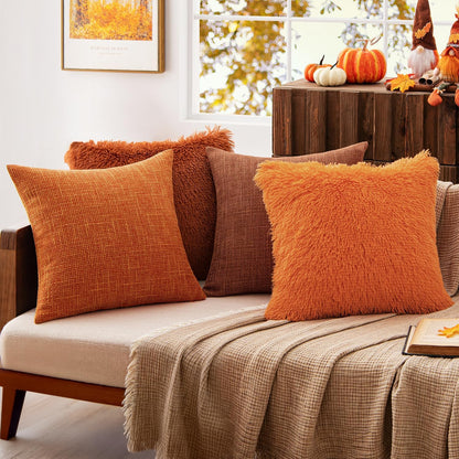 Set of 2 Fall Luxury Faux Fur Throw Pillow Cover Deluxe Decorative Plush Pillow Case Cushion Cover Shell for Sofa Bedroom Car 18X18 Inch Orange Halloween