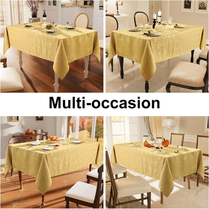 Rectangle Thanksgiving Tablecloth, 60X84 Inch Fall Waterproof Damask Table Cloth, Autumn Leaves Fabric Jacquard Table Covers for Harvest Parties, and Holiday Dinner, Gold