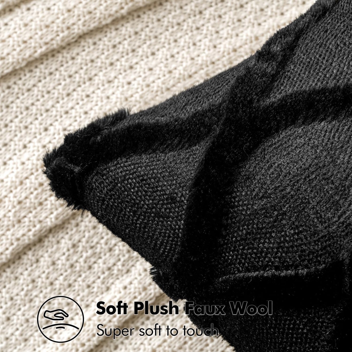 Decorative Throw Pillow Covers Black 18X18 Inch Set of 2, Soft Plush Faux Wool Couch Cushion Covers Farmhouse Throw Pillows for Couch Bed Sofa Living Room