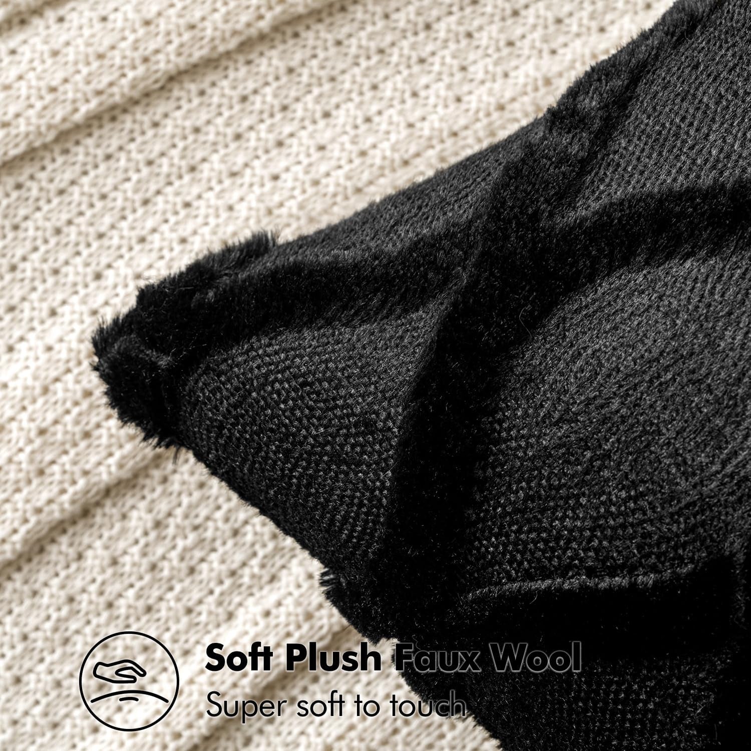 Decorative Throw Pillow Covers Black 18X18 Inch Set of 2, Soft Plush Faux Wool Couch Cushion Covers Farmhouse Throw Pillows for Couch Bed Sofa Living Room