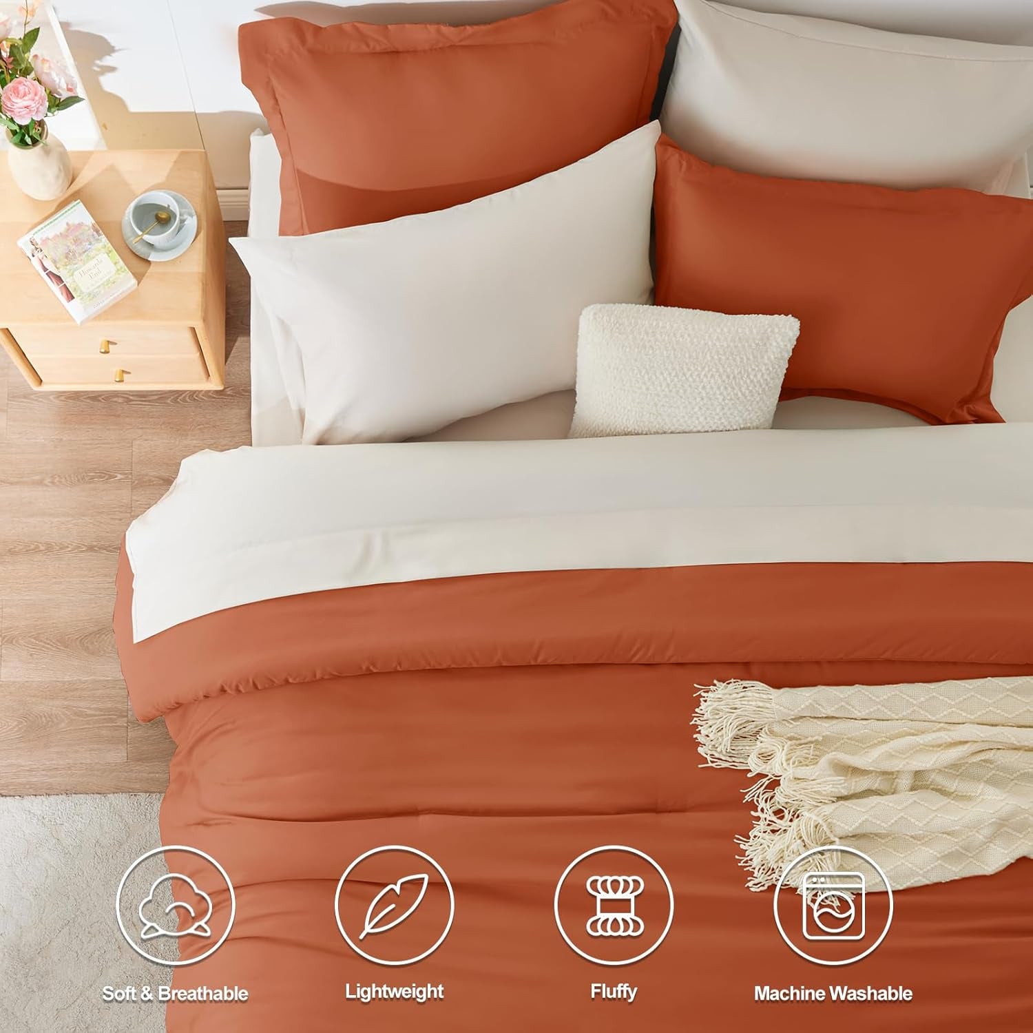 King Size Comforter Set Burnt Orange and Beige, 7 Pieces King Bedding Set Contrasting Design with Comforter, Flat Sheets, Fitted Sheet, Pillowcases & Shams, Bed in a Bag for All Season