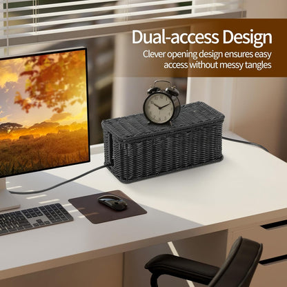 Cable Management Box, Handmade Rattan Cable Organizer, Power Cord Hider Box with 2 Open Slots, Desk Cord Organizer for Computer Router USB Hub Wire & Power Strip, 12.5"Lx 5.1" Wx 5.1"H, Black