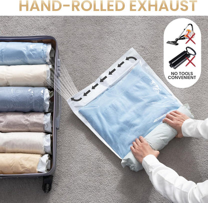 12 Pack Travel Compression Bags, Roll up Space Saver Bags (6 Large+6 Medium), No Vacuum Needed Reusable Packing for Luggage, Suitcase, Backpack, Travel Essentials, Cream