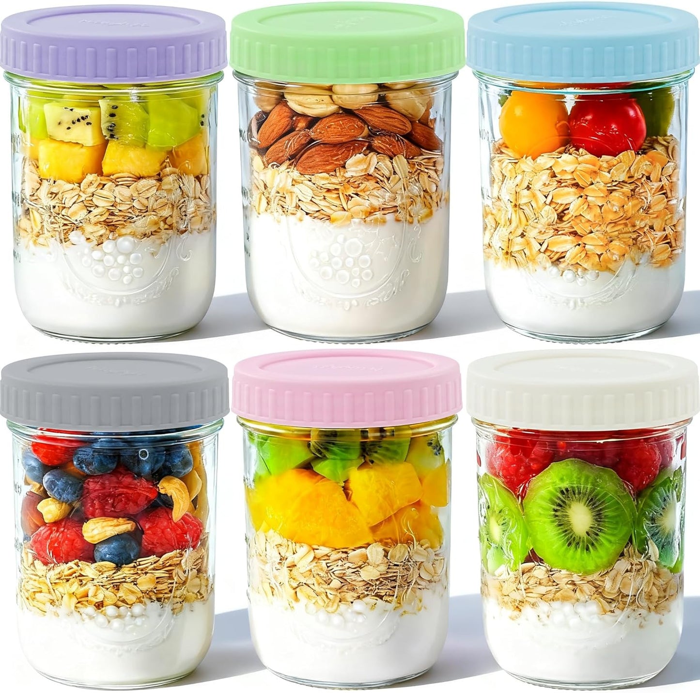 Overnight Oats Containers with Lids, 6-Pack Glass Mason Jars 16 Oz with Lids Wide Mouth, Reusable Food Storage Containers for Snack, Chia Pudding, Yogurt, Meal Prep, Salad