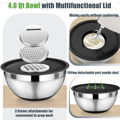 Mixing Bowl with Lid Set, 5 Piece Stainless Steel Mixing Nesting Bowls for Salad Storage, 3 Grater Attachments & Non-Slip Bottoms, Size 1/1.5/2 / 2.6/4.6 QT, Black