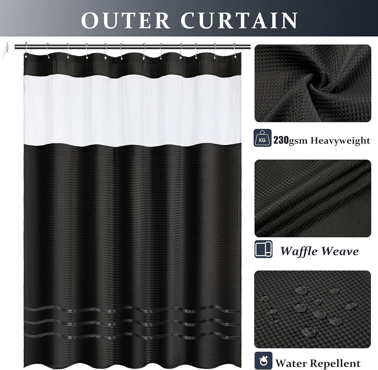 Waffle Weave Shower Curtain Set with Snap-In Fabric Liner, Heavyweight Fabric with 12 Hooks, Waterproof and Washable, Mesh Top Window, 78 "X 72", Black