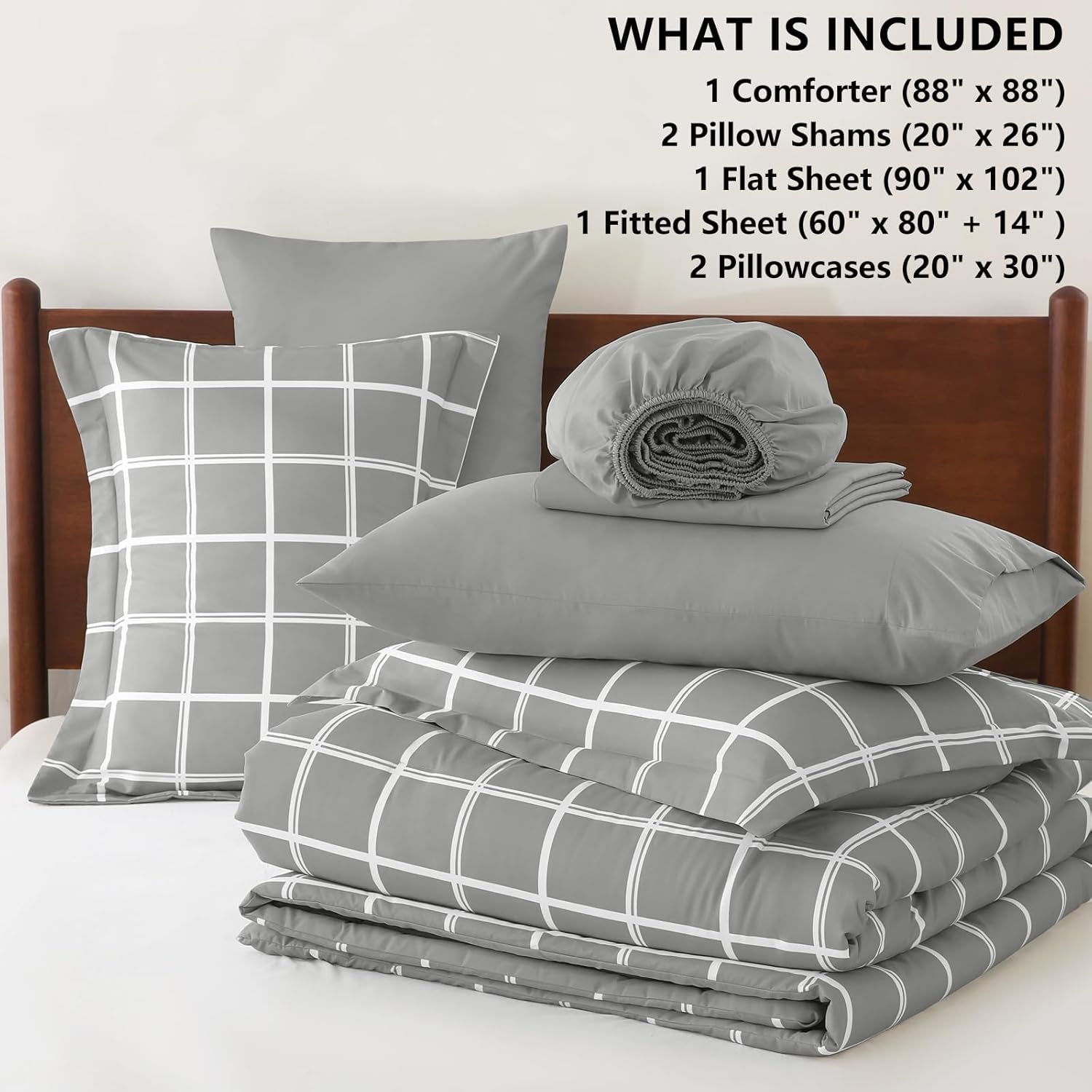 Queen Comforter Set with Sheets - 7 Pieces Plaid Bed in a Bag Set Grey, Soft Queen Bedding Sets Bed Set with All Season Quilted Comforter, Flat Sheet, Fitted Sheet, Pillowcases & Pillow Shams