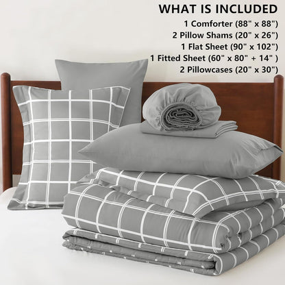 Queen Comforter Set with Sheets - 7 Pieces Plaid Bed in a Bag Set Grey, Soft Queen Bedding Sets Bed Set with All Season Quilted Comforter, Flat Sheet, Fitted Sheet, Pillowcases & Pillow Shams