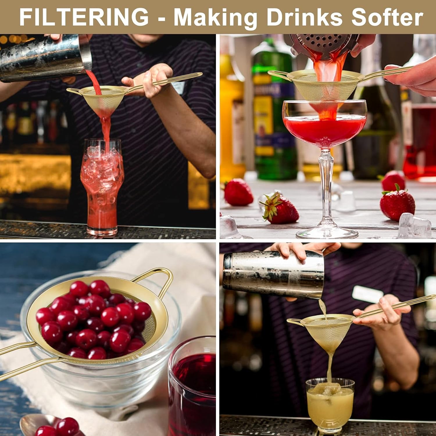 Conical Fine Mesh Strainer Set of 2, 3.3” Stainless Steel Tea Strainer Sieve with Long Handle for Kitchen & Bar, Filtering Tea, Coffee, Cocktail, Dishwasher Safe, (Gold)