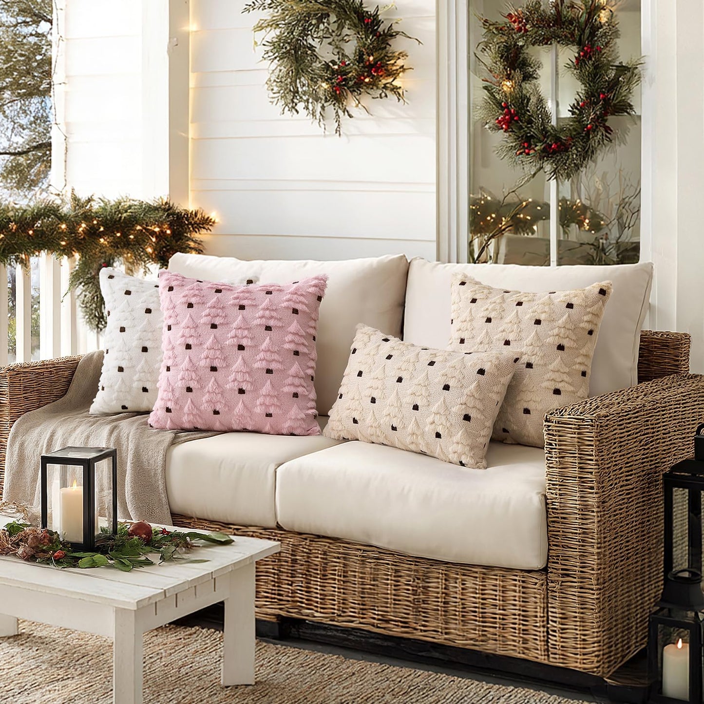 Christmas Tree Decorative Pillow Covers Faux Fur Wool Throw Pillows Soft Plush Cushion Covers Set of 2 Xmas Home Decor Winter Holiday for Sofa Couch Livingroom Bed 18X18 Inch Beige